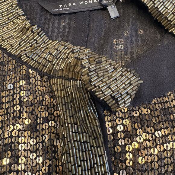 Zara Limited Edition Metallic Gold Sequin Beaded Button Up Blouse Womens Size M - Picture 8 of 15